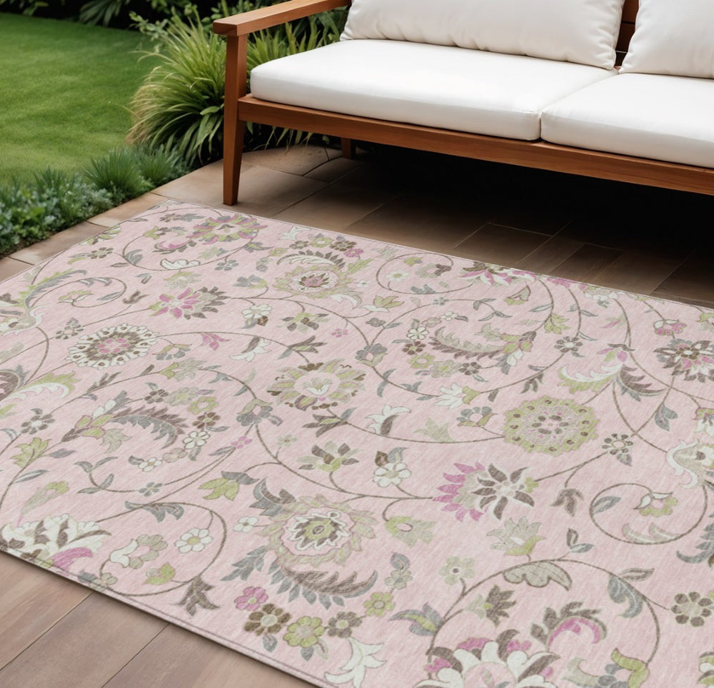 HomeRoots 5' Floral Area Rug - Durable Pink, Green & Gray Washable Design for Indoor & Outdoor Use, Easy Care 8' X 10' 597839