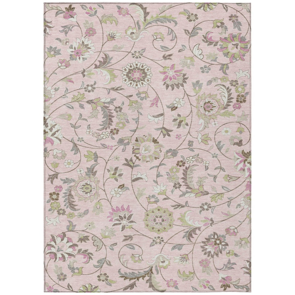 HomeRoots 5' Floral Area Rug - Durable Pink, Green & Gray Washable Design for Indoor & Outdoor Use, Easy Care 8' X 10' 597839