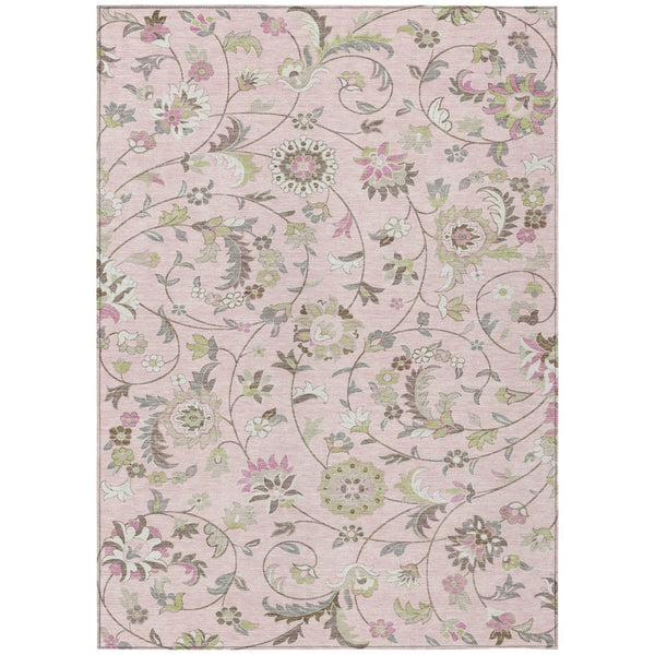 HomeRoots 5' Floral Area Rug - Durable Pink, Green & Gray Washable Design for Indoor & Outdoor Use, Easy Care 10' X 14' 597841
