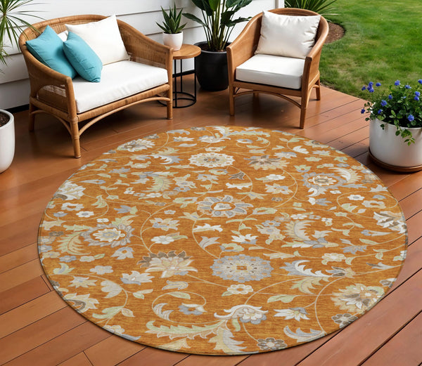 Homeroots 3' Floral Artichoke Green And Gray Area Rug For Indoor Outdoor Spaces - Washable & Stain Resistant 8' Round Polyester 597844