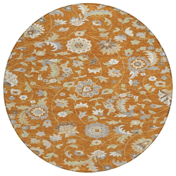 HomeRoots 5' Copper Green and Gray Floral Area Rug – Durable, Washable Design for Indoor and Outdoor Use 8' Round 597844