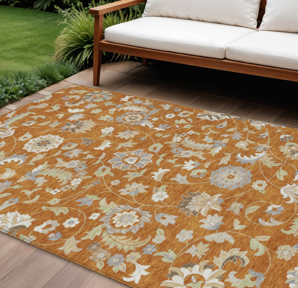 HomeRoots 5' Copper Green and Gray Floral Area Rug – Durable, Washable Design for Indoor and Outdoor Use 10' X 14' 597847