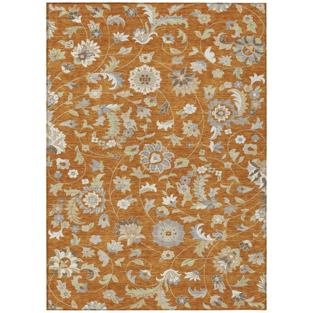 HomeRoots 5' Copper Green and Gray Floral Area Rug – Durable, Washable Design for Indoor and Outdoor Use 10' X 14' 597847