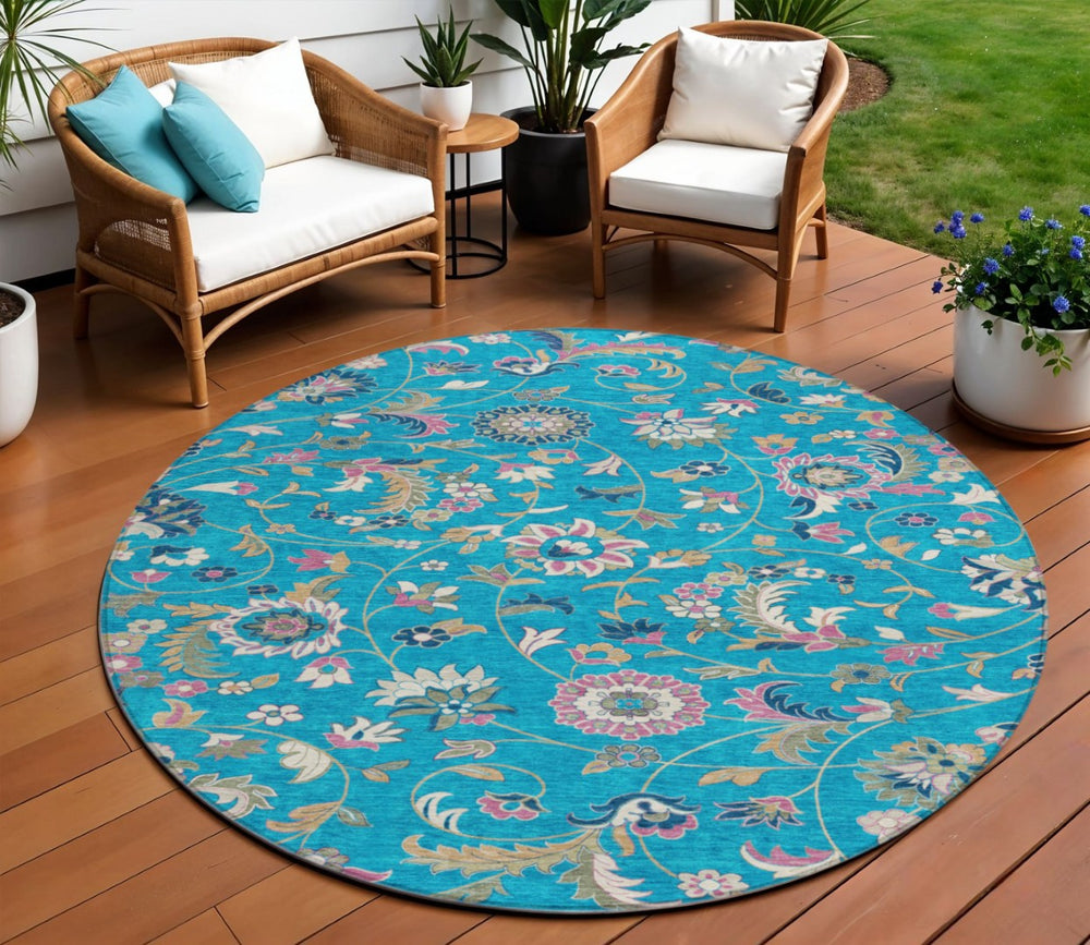 HomeRoots 5' Vibrant Teal Blue, Ivory & Pink Floral Washable Area Rug for Indoor/Outdoor Durability & Style 8' Round 597850