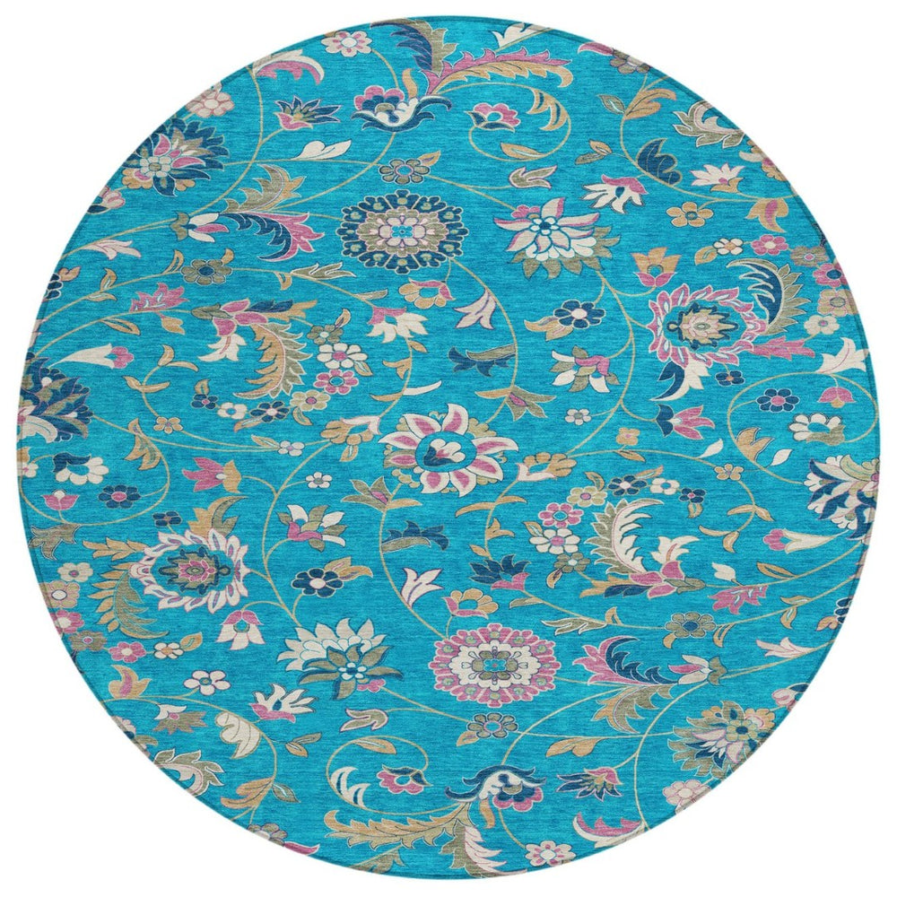 HomeRoots 5' Vibrant Teal Blue, Ivory & Pink Floral Washable Area Rug for Indoor/Outdoor Durability & Style 8' Round 597850