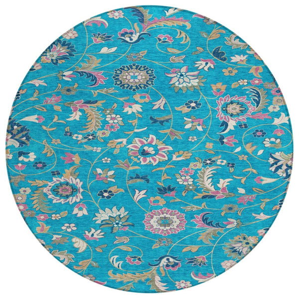 HomeRoots 5' Vibrant Teal Blue, Ivory & Pink Floral Washable Area Rug for Indoor/Outdoor Durability & Style 8' Round 597850