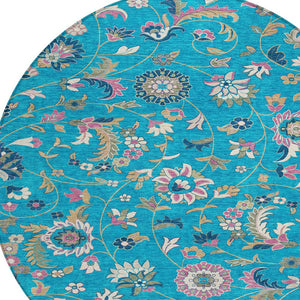 Homeroots 3' Floral Artichoke Green And Gray Area Rug For Indoor Outdoor Spaces - Washable & Stain Resistant 8' Round Polyester 597850