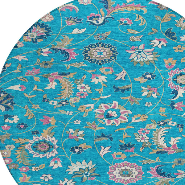 Homeroots 3' Floral Artichoke Green And Gray Area Rug For Indoor Outdoor Spaces - Washable & Stain Resistant 8' Round Polyester 597850