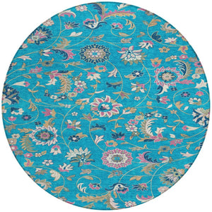 Homeroots 3' Floral Artichoke Green And Gray Area Rug For Indoor Outdoor Spaces - Washable & Stain Resistant 8' Round Polyester 597850