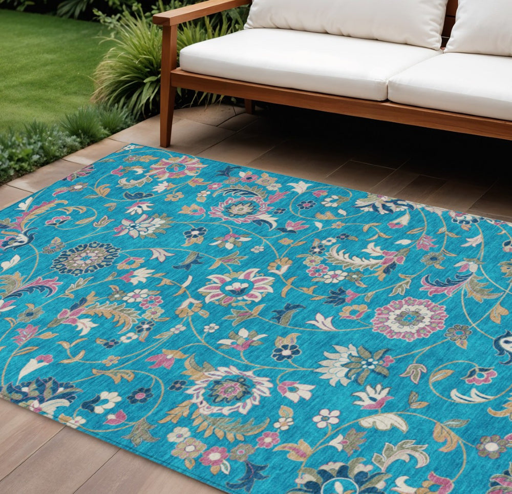 HomeRoots 9' X 12' Teal Blue Ivory Pink Floral Rug - Durable, Washable, Perfect for Indoor & Outdoor Spaces! 597852