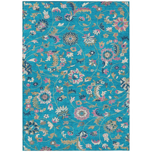 HomeRoots 5' Vibrant Teal Blue, Ivory & Pink Floral Washable Area Rug for Indoor/Outdoor Durability & Style 10' X 14' 597853