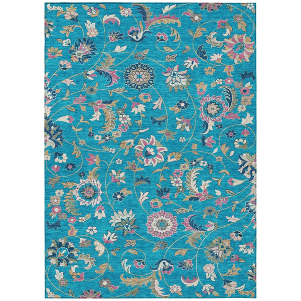 HomeRoots 5' Vibrant Teal Blue, Ivory & Pink Floral Washable Area Rug for Indoor/Outdoor Durability & Style 10' X 14' 597853