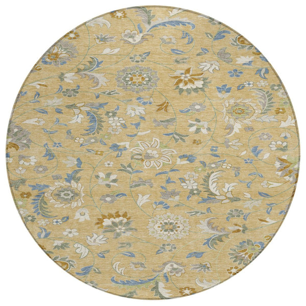 HomeRoots 5' Timeless Floral Washable Area Rug in Wheat, Blue, and Ivory - Perfect for Indoor & Outdoor Use 8' Round 597856