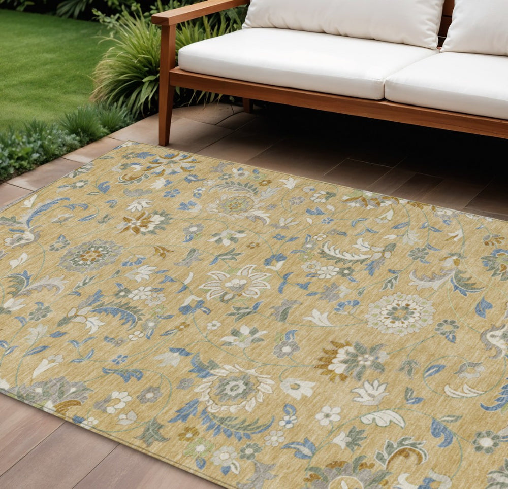 HomeRoots 5' Timeless Floral Washable Area Rug in Wheat, Blue, and Ivory - Perfect for Indoor & Outdoor Use 10' X 14' 597859