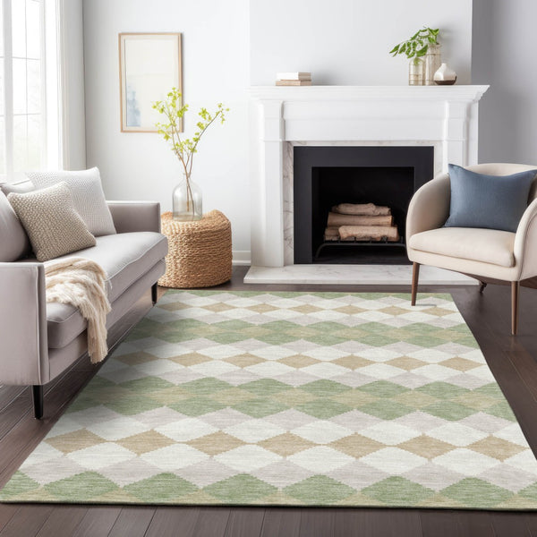 Homeroots 3' Stylish Artichoke Green Ivory Beige Geometric Indoor Outdoor Area Rug - Washable & Durable 3' X 5' Polyester 597860