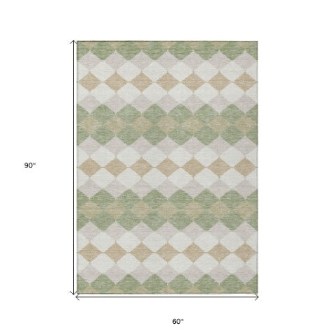 Homeroots 3' Stylish Artichoke Green Ivory Beige Geometric Indoor Outdoor Area Rug - Washable & Durable 5' X 8' Polyester 597861