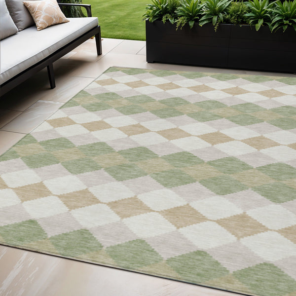Homeroots 3' Stylish Artichoke Green Ivory Beige Geometric Indoor Outdoor Area Rug - Washable & Durable 5' X 8' Polyester 597861