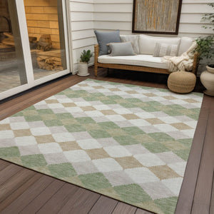 Homeroots 3' Stylish Artichoke Green Ivory Beige Geometric Indoor Outdoor Area Rug - Washable & Durable 5' X 8' Polyester 597861