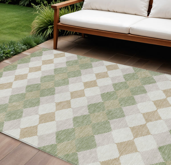 Homeroots 3' Stylish Artichoke Green Ivory Beige Geometric Indoor Outdoor Area Rug - Washable & Durable 8' X 10' Polyester 597863