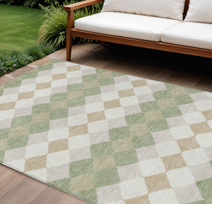 Homeroots 3' Stylish Artichoke Green Ivory Beige Geometric Indoor Outdoor Area Rug - Washable & Durable 10' X 14' Polyester 597865