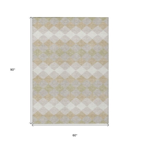 Homeroots 3' Stylish Artichoke Green Ivory Beige Geometric Indoor Outdoor Area Rug - Washable & Durable 5' X 8' Polyester 597867