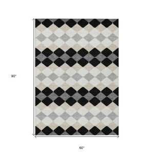 Homeroots 3' Stylish Artichoke Green Ivory Beige Geometric Indoor Outdoor Area Rug - Washable & Durable 5' X 8' Polyester 597873