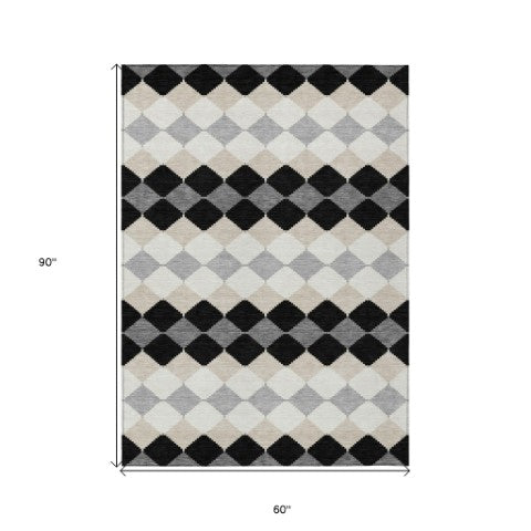 Homeroots 3' Stylish Artichoke Green Ivory Beige Geometric Indoor Outdoor Area Rug - Washable & Durable 5' X 8' Polyester 597873