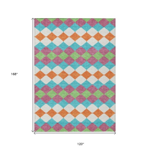 Homeroots 3' Stylish Artichoke Green Ivory Beige Geometric Indoor Outdoor Area Rug - Washable & Durable 10' X 14' Polyester 597883