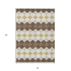 Homeroots 3' Stylish Artichoke Green Ivory Beige Geometric Indoor Outdoor Area Rug - Washable & Durable 3' X 5' Polyester 597884