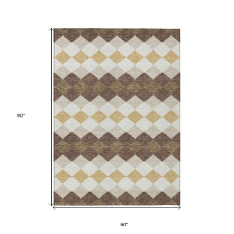 Homeroots 3' Stylish Artichoke Green Ivory Beige Geometric Indoor Outdoor Area Rug - Washable & Durable 5' X 8' Polyester 597885