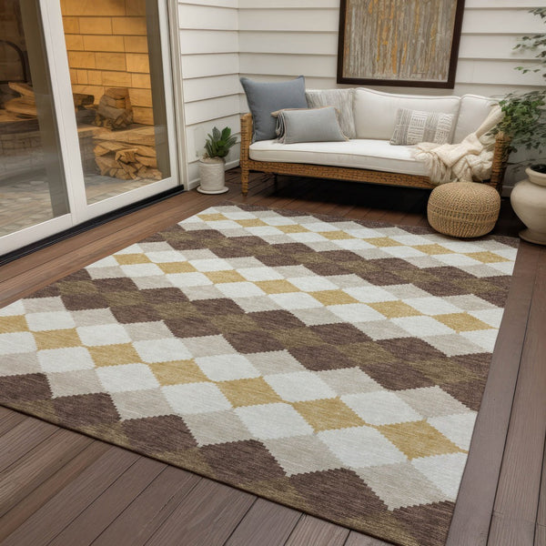 Homeroots 3' Stylish Artichoke Green Ivory Beige Geometric Indoor Outdoor Area Rug - Washable & Durable 10' X 14' Polyester 597889