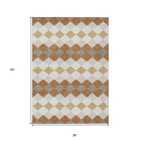 Homeroots 3' Stylish Artichoke Green Ivory Beige Geometric Indoor Outdoor Area Rug - Washable & Durable 3' X 5' Polyester 597890