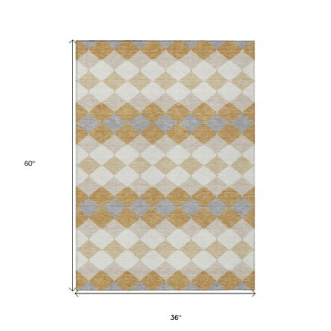 Homeroots 3' Stylish Artichoke Green Ivory Beige Geometric Indoor Outdoor Area Rug - Washable & Durable 3' X 5' Polyester 597896
