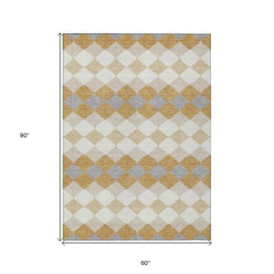 Homeroots 3' Stylish Artichoke Green Ivory Beige Geometric Indoor Outdoor Area Rug - Washable & Durable 5' X 8' Polyester 597897