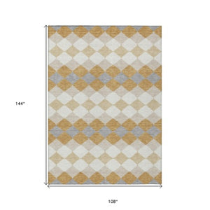 Homeroots 3' Stylish Artichoke Green Ivory Beige Geometric Indoor Outdoor Area Rug - Washable & Durable 9' X 12' Polyester 597900