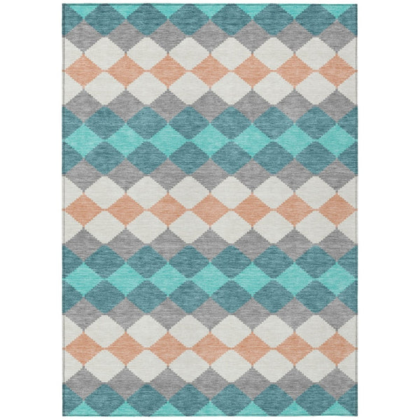 HomeRoots 5' Modern Geometric Washable Area Rug in Teal Blue Gray Copper - Stylish & Durable for Indoor Outdoor Use 5' X 8' 597927