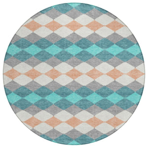 HomeRoots 5' Modern Geometric Washable Area Rug in Teal Blue Gray Copper - Stylish & Durable for Indoor Outdoor Use 8' Round 597928