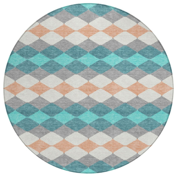HomeRoots 5' Modern Geometric Washable Area Rug in Teal Blue Gray Copper - Stylish & Durable for Indoor Outdoor Use 8' Round 597928