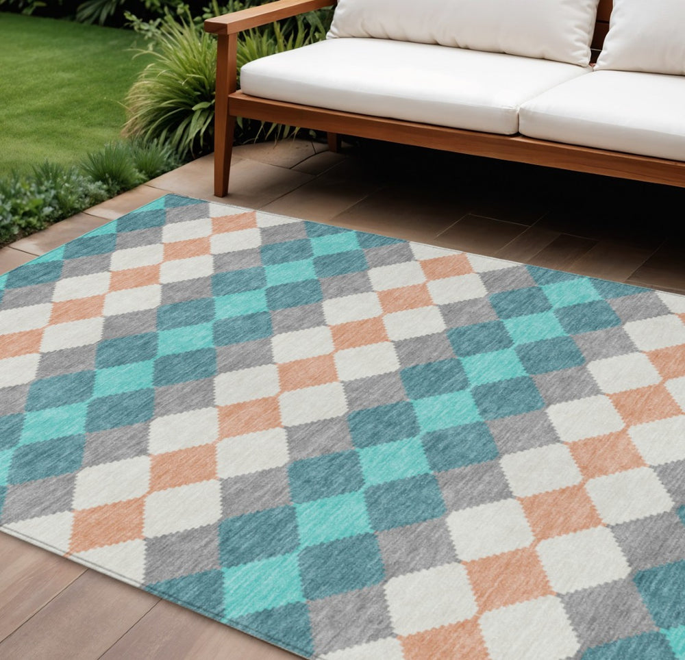 HomeRoots 9' X 12' Washable Teal, Blue, Gray & Copper Geometric Area Rug for Indoor & Outdoor Spaces 597930