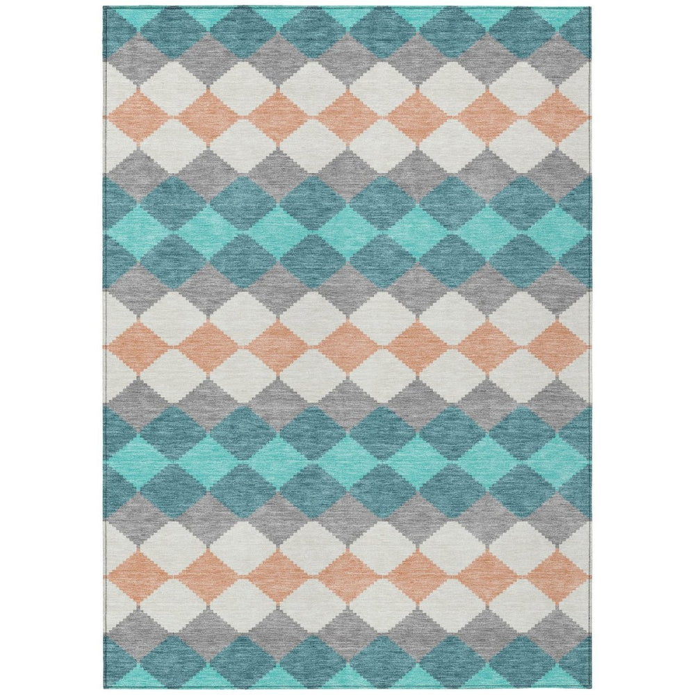 HomeRoots 9' X 12' Washable Teal, Blue, Gray & Copper Geometric Area Rug for Indoor & Outdoor Spaces 597930