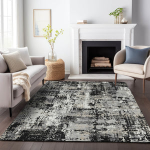 Homeroots 3' Black And Gray Abstract Washable Area Rug - Versatile Indoor Outdoor Design For Any Space 3' X 5' Polyester 597932