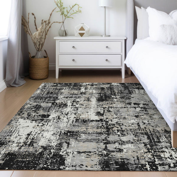 Homeroots 3' Black And Gray Abstract Washable Area Rug - Versatile Indoor Outdoor Design For Any Space 3' X 5' Polyester 597932