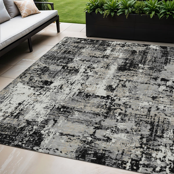 Homeroots 3' Black And Gray Abstract Washable Area Rug - Versatile Indoor Outdoor Design For Any Space 5' X 8' Polyester 597933