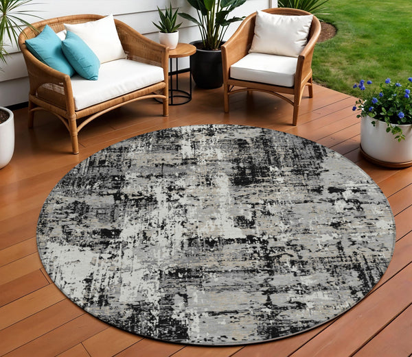 Homeroots 3' Black And Gray Abstract Washable Area Rug - Versatile Indoor Outdoor Design For Any Space 8' Round Polyester 597934