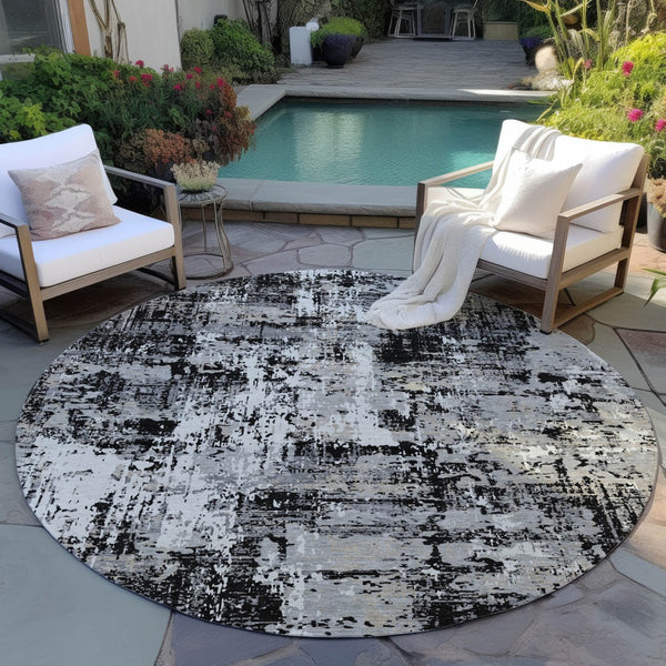 Homeroots 3' Black And Gray Abstract Washable Area Rug - Versatile Indoor Outdoor Design For Any Space 8' Round Polyester 597934