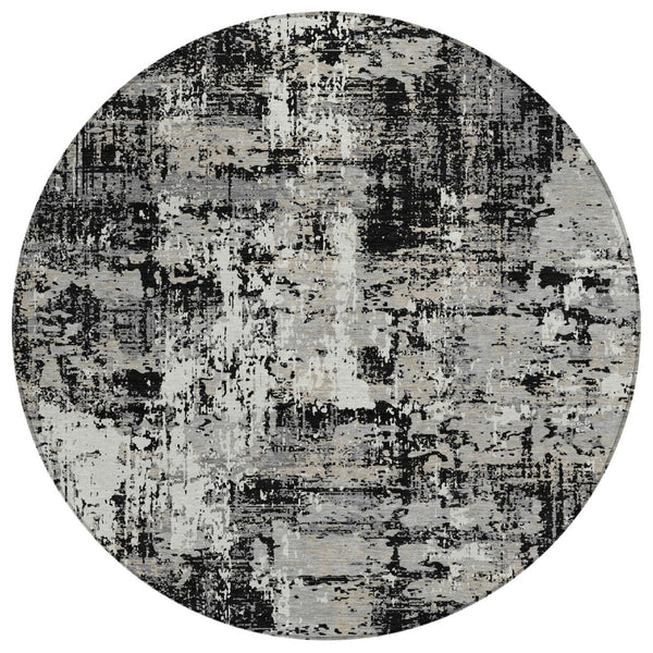 HomeRoots 5' Black and Gray Abstract Area Rug - Stylish, Washable Indoor/Outdoor Rug for Modern Spaces 8' Round 597934