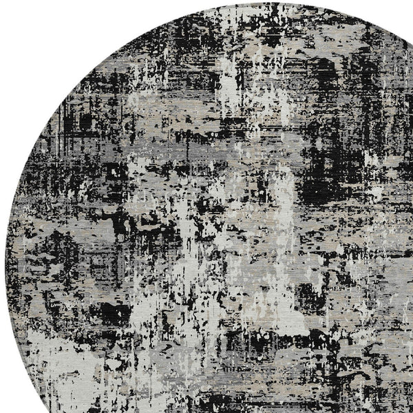 Homeroots 3' Black And Gray Abstract Washable Area Rug - Versatile Indoor Outdoor Design For Any Space 8' Round Polyester 597934