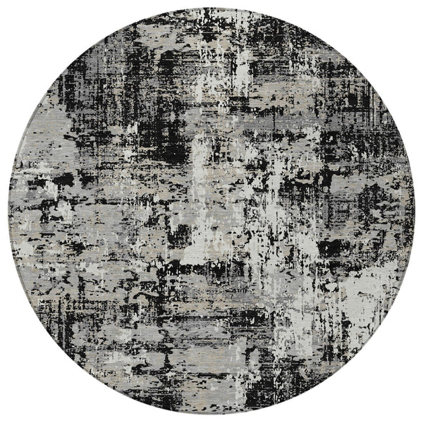 Homeroots 3' Black And Gray Abstract Washable Area Rug - Versatile Indoor Outdoor Design For Any Space 8' Round Polyester 597934