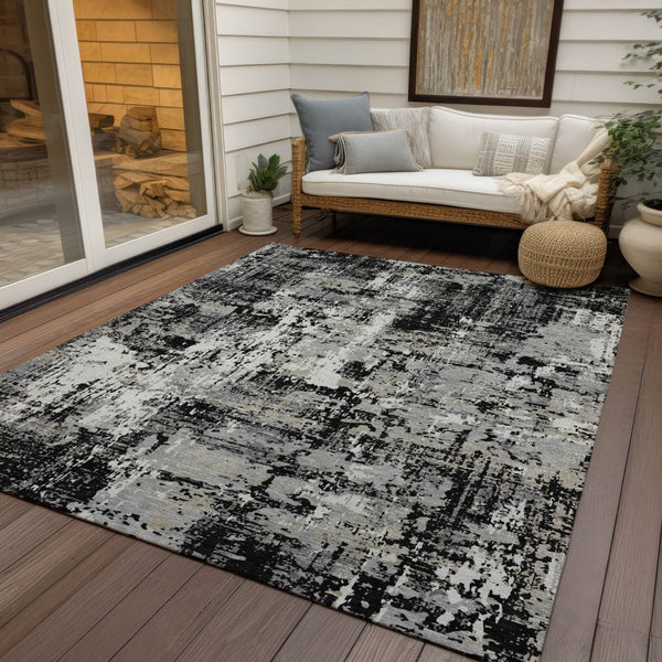 Homeroots 3' Black And Gray Abstract Washable Area Rug - Versatile Indoor Outdoor Design For Any Space 10' X 14' Polyester 597937