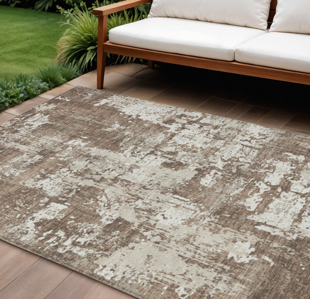 HomeRoots 9' X 12' Brown and Beige Abstract Washable Area Rug – Stylish, Durable, Indoor/Outdoor Versatility! 597942
